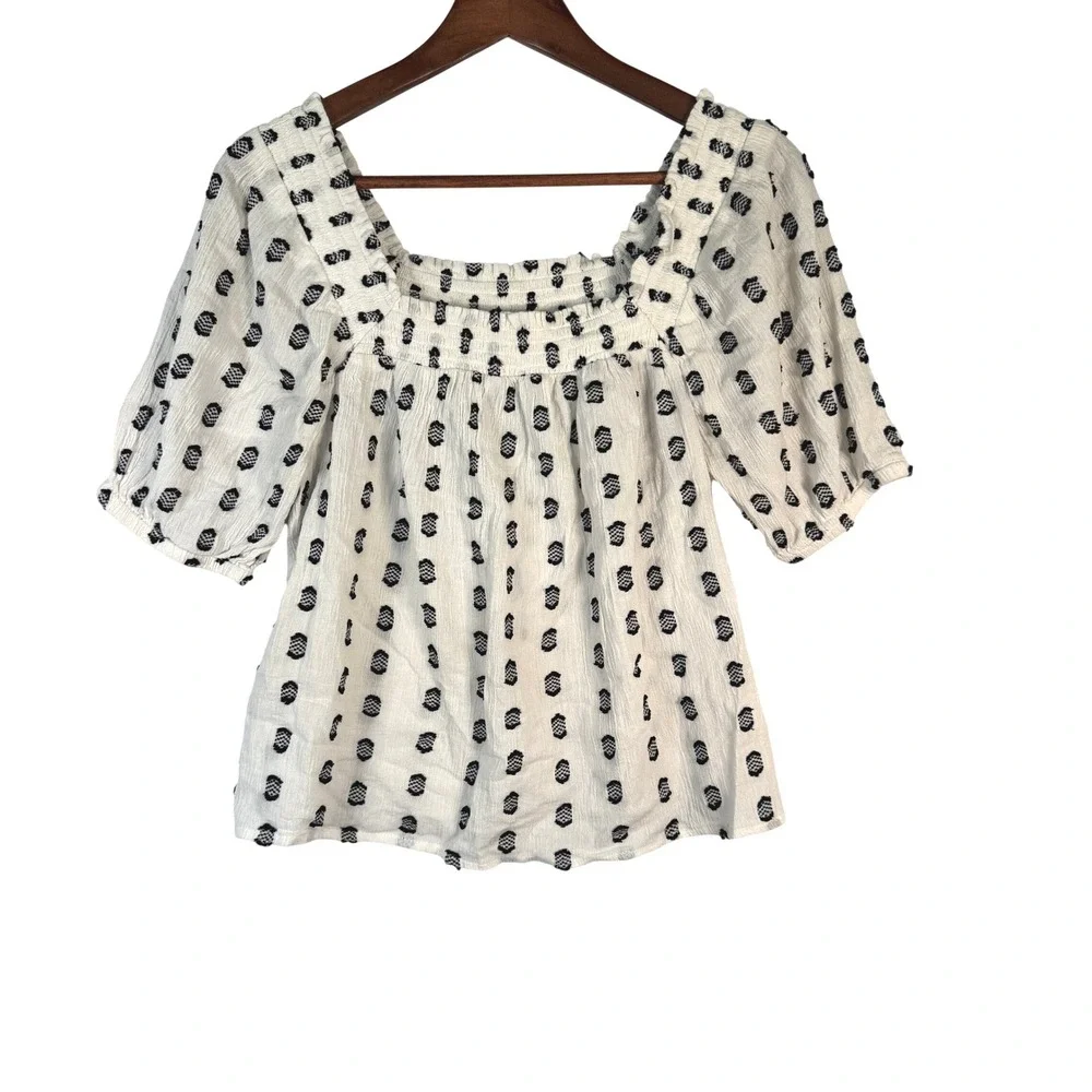 LOFT White Black Embroidered Cotton Gauze Smocked Square Neck Blouse M